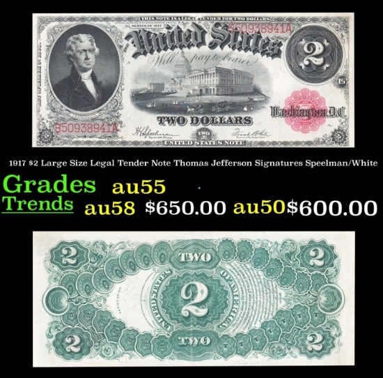 1917 $2 Large Size Legal Tender Note Thomas Jefferson Grades Choice AU Signatures Speelman/White