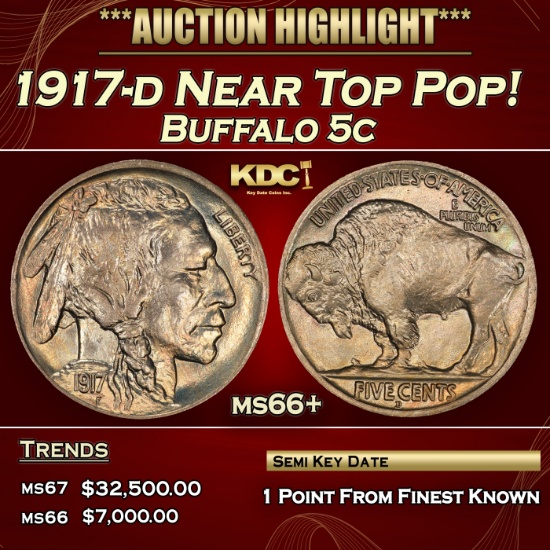 1917-d Buffalo Nickel Near Top Pop! 5c ms66+ SEGS