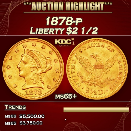1878-p Gold Liberty Quarter Eagle $2 1/2 ms65+ SEGS