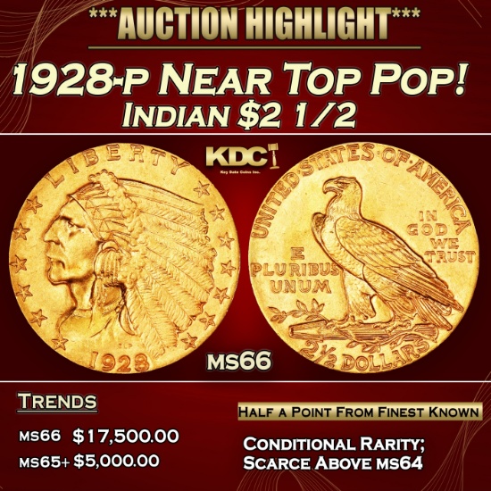 1928-p Gold Indian Quarter Eagle Near Top Pop! $2 1/2 ms66 USCG