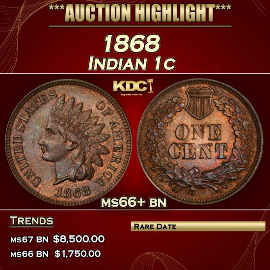 1868 Indian Cent 1c Grades ms66+ bn