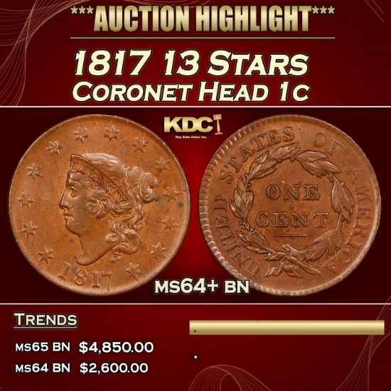 1817 13 Stars Coronet Head Large Cent 1c ms64+ bn SEGS