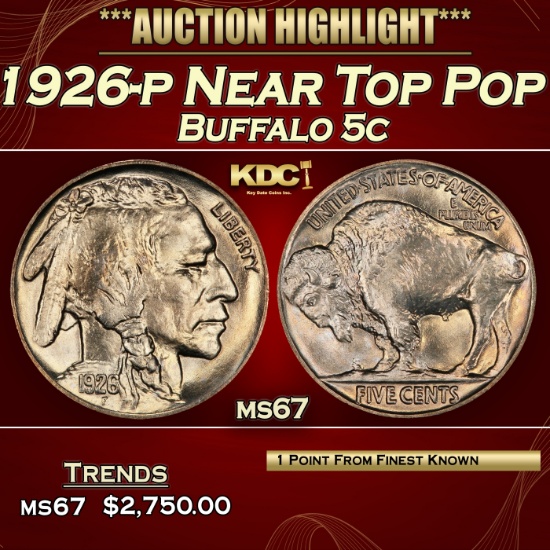 1926-p Buffalo Nickel Near Top Pop 5c ms67 SEGS