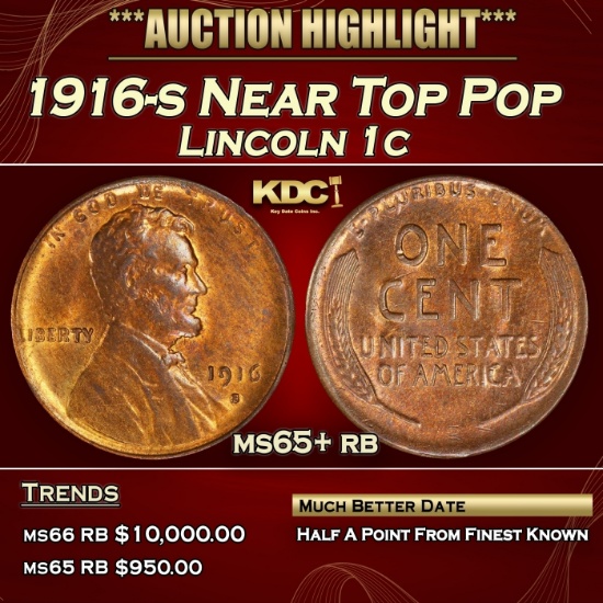 1916-s Lincoln Cent Near Top Pop 1c ms65+ rb SEGS