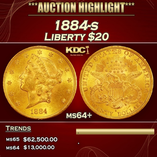 1884-s Gold Liberty Double Eagle $20 ms64+ SEGS