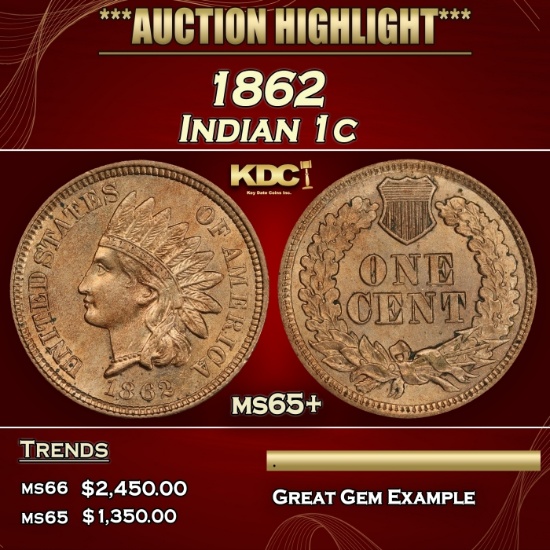 1862 Indian Cent 1c ms65+ SEGS