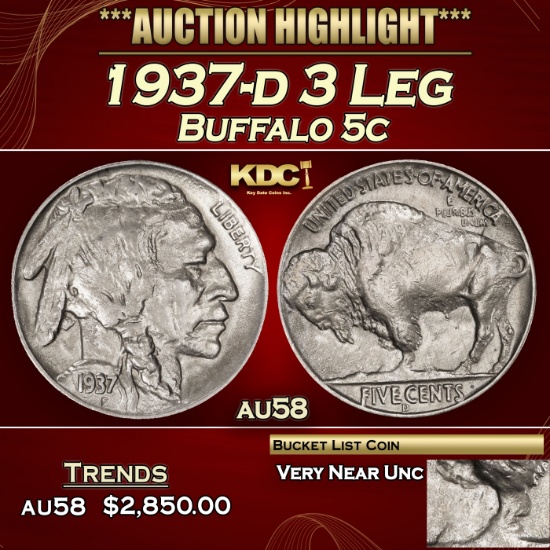 1937-d 3 Leg Buffalo Nickel 5c au58 SEGS