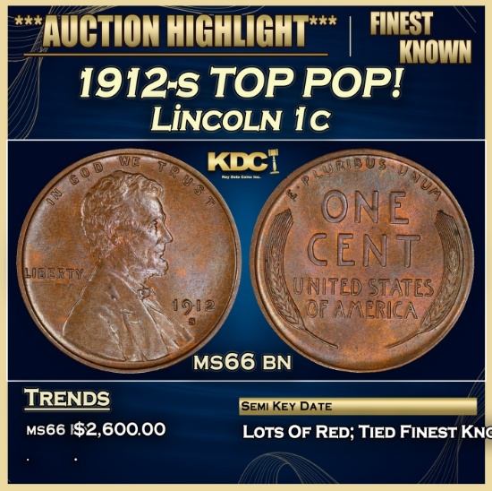 1912-s Lincoln Cent TOP POP! 1c ms66 bn SEGS