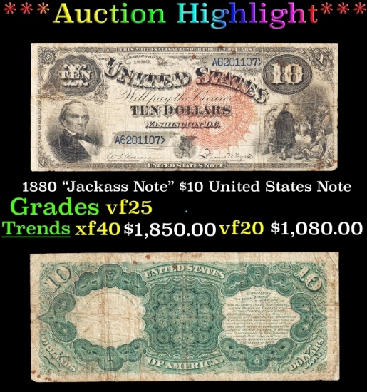 1880 $10 United States Note "Jackass Note" Grades vf+
