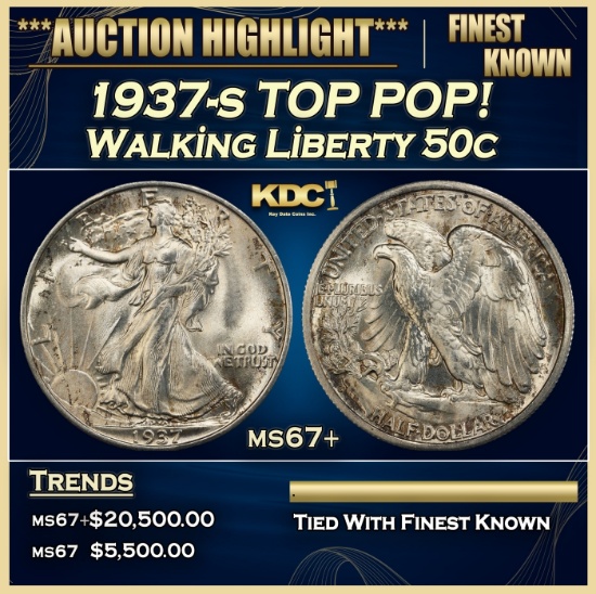 1937-s Walking Liberty Half Dollar TOP POP! 50c ms67+ SEGS