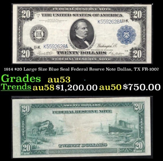 1914 $20 Large Size Blue Seal Federal Resrve Note Dallas, TX Grades au53 FR-1007