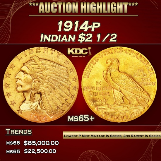 1914-p Gold Indian Quarter Eagle $2 1/2 ms65+ SEGS