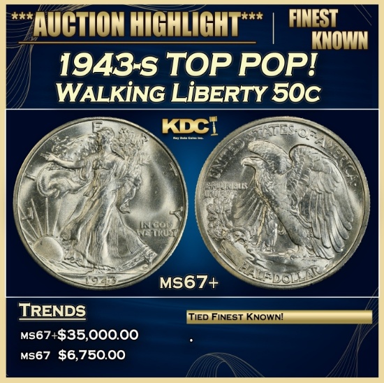 1943-s Walking Liberty Half Dollar TOP POP! 50c ms67+ SEGS