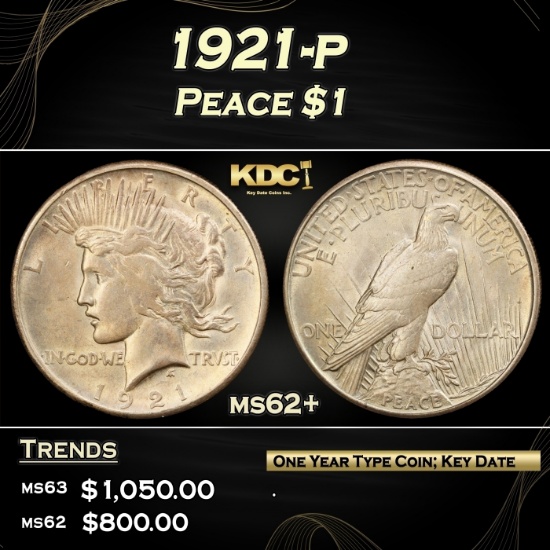 1921-p Peace Dollar $1 Grades ms62+