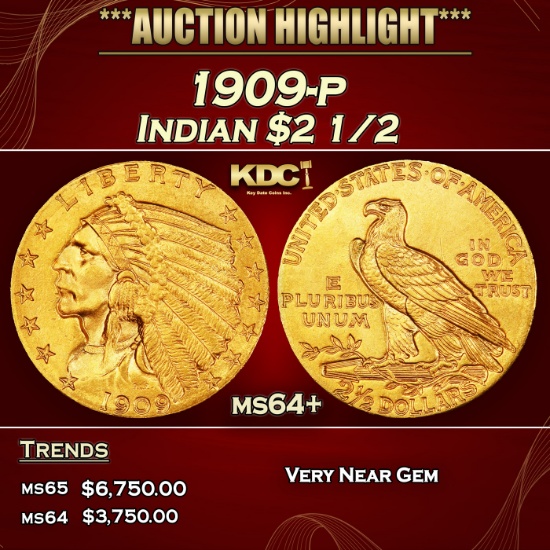 1909-p Gold Indian Quarter Eagle $2 1/2 ms64+ SEGS