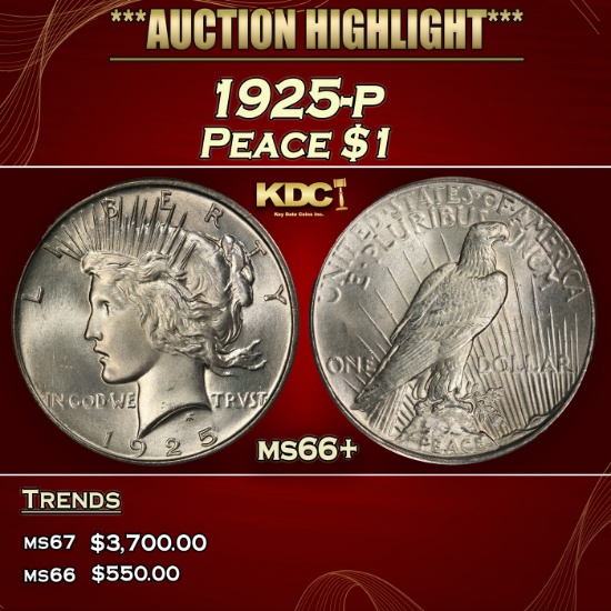 1925-p Peace Dollar $1 ms66+ SEGS