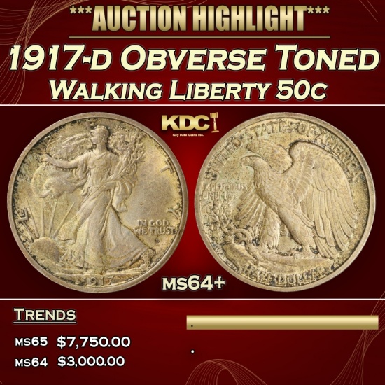 1917-d Obverse Walking Liberty Half Dollar Toned 50c ms64+ SEGS