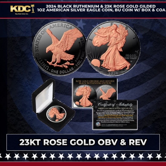 2024 Black Ruthenium & 23K Rose Gold Gilded 1oz American Silver Eagle Coin, BU Coin w/ Box & COA Oth