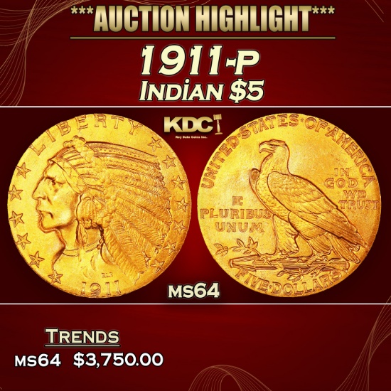 1911-p Gold Indian Half Eagle $5 ms64 USCG