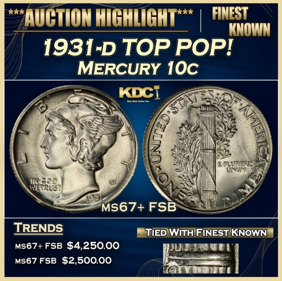 1931-d Mercury Dime TOP POP! 10c Grades ms67+ FSB