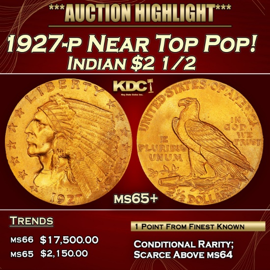 1927-p Gold Indian Quarter Eagle Near Top Pop! $2 1/2 ms65+ SEGS