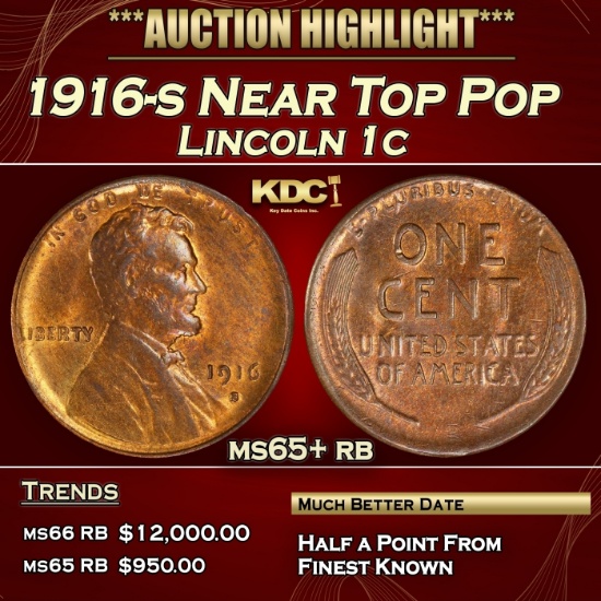 1916-s Lincoln Cent Near Top Pop 1c ms65+ rb SEGS