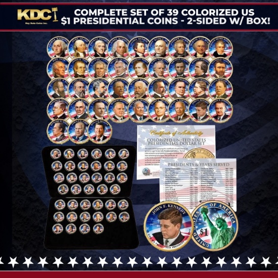Complete Set of 39 Colorized US $1 Presidential Coins - 2-Sided w/ Box! Other Toy