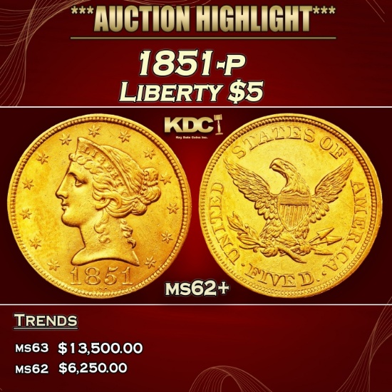 1851-p Gold Liberty Half Eagle $5 ms62+ USCG