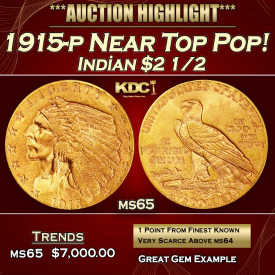 1915-p Gold Indian Quarter Eagle Near Top Pop! $2 1/2 ms65 SEGS