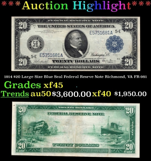 1914 $20 Large Size Blue Seal Federal Resrve Note Richmond, VA Grades xf45 FR-981