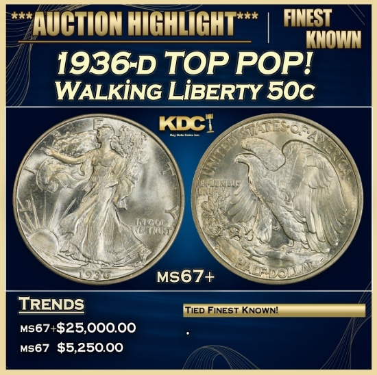 1936-d Walking Liberty Half Dollar TOP POP! 50c ms67+ SEGS