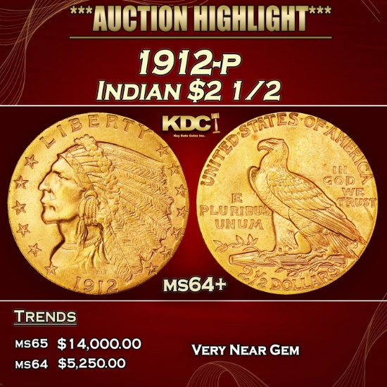 1912-p Gold Indian Quarter Eagle $2 1/2 ms64+ SEGS