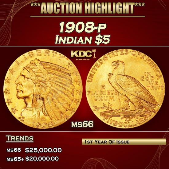 1908-p Gold Indian Half Eagle $5 ms66 USCG