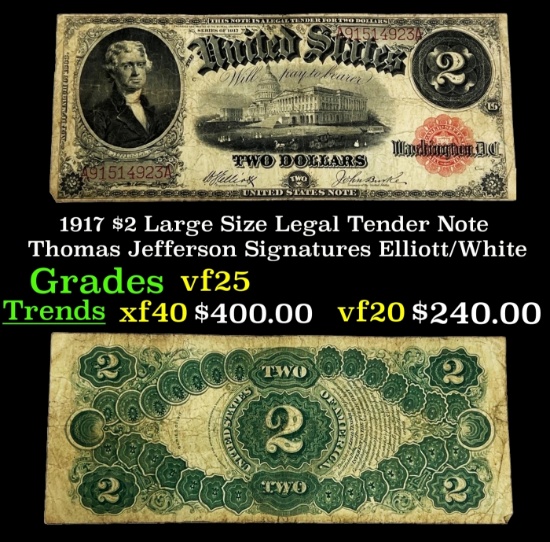 1917 $2 Large Size Legal Tender Note Thomas Jefferson Grades vf+ Signatures Elliott/White