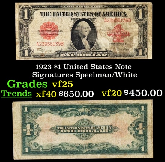 1923 $1 United States Note Grades vf+ Signatures Speelman/White