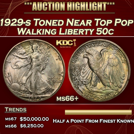1929-s Walking Liberty Half Dollar Toned Near Top Pop 50c ms66+ SEGS