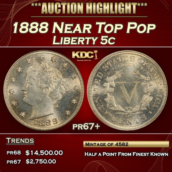 1888 Proof Liberty Nickel Near Top Pop 5c pr67+ SEGS