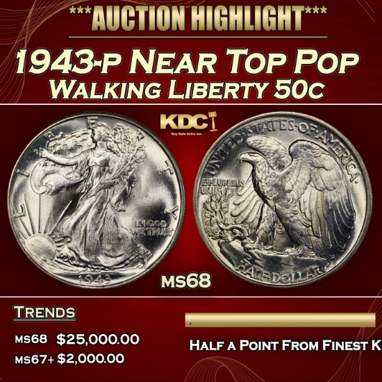 1943-p Walking Liberty Half Dollar Near Top Pop 50c ms68 SEGS