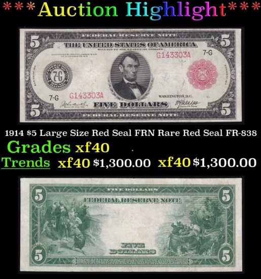 1914 $5 Large Size Red Seal FRN Rare Red Seal Grades xf FR-838