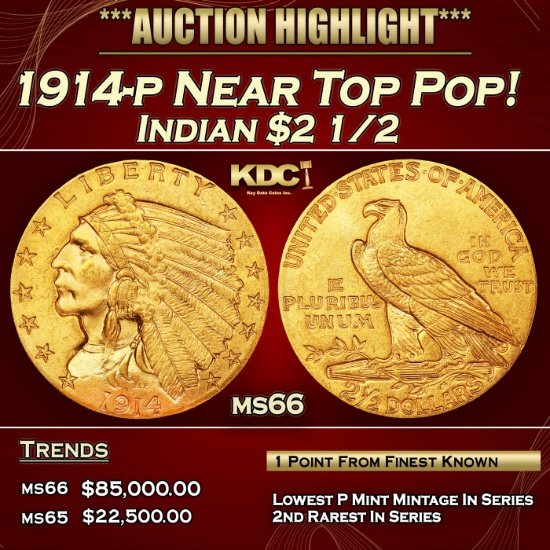 1914-p Gold Indian Quarter Eagle Near Top Pop! $2 1/2 ms66 USCG
