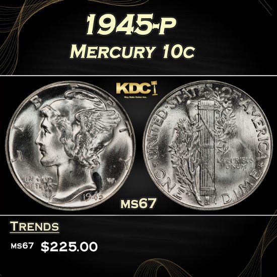 1945-p Mercury Dime 10c ms67 SEGS