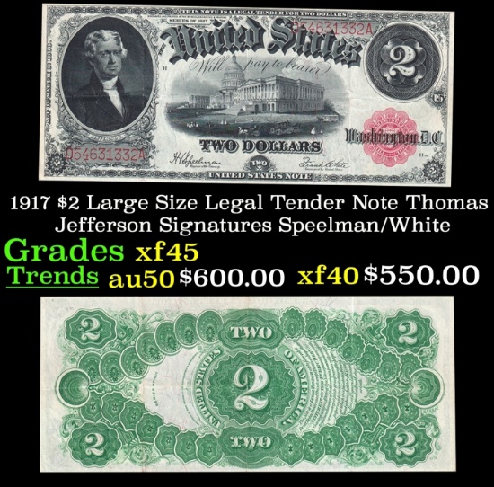 1917 $2 Large Size Legal Tender Note Thomas Jefferson Grades xf+ Signatures Speelman/White