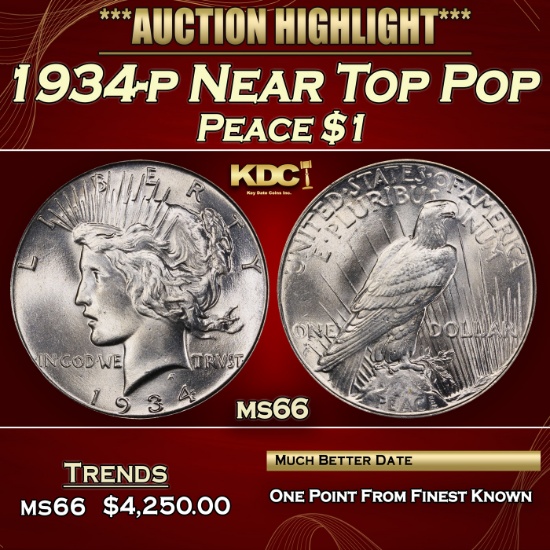 1934-p Peace Dollar Near Top Pop $1 ms66 SEGS