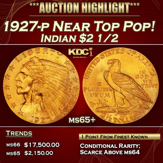 1927-p Gold Indian Quarter Eagle Near Top Pop! $2 1/2 ms65+ SEGS