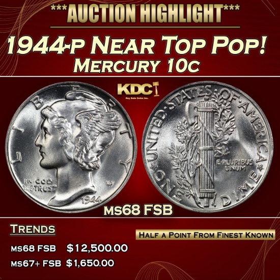 1944-p Mercury Dime Near Top Pop! 10c ms68 FSB SEGS