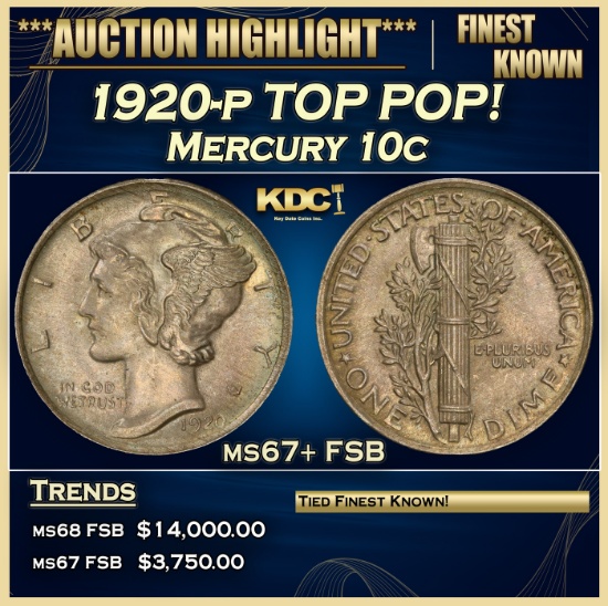 1920-p Mercury Dime TOP POP! 10c ms67+ FSB SEGS
