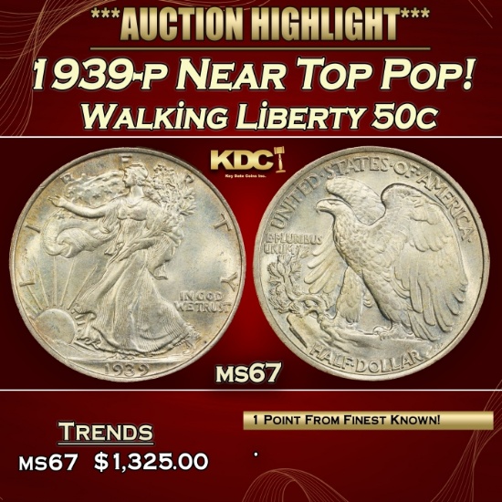 1939-p Walking Liberty Half Dollar Near Top Pop! 50c ms67 SEGS