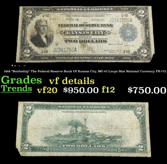 1918 $2 Large Size National Currency "Battleship" The Federal Reserve Bank Of Kansas City, MO Grades