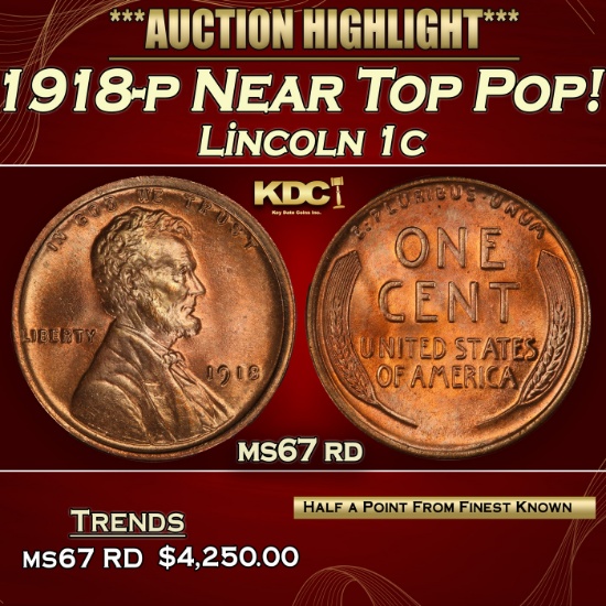 1918-p Lincoln Cent Near Top Pop! 1c ms67 rd SEGS