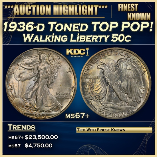 1936-d Walking Liberty Half Dollar Toned TOP POP! 50c ms67+ SEGS